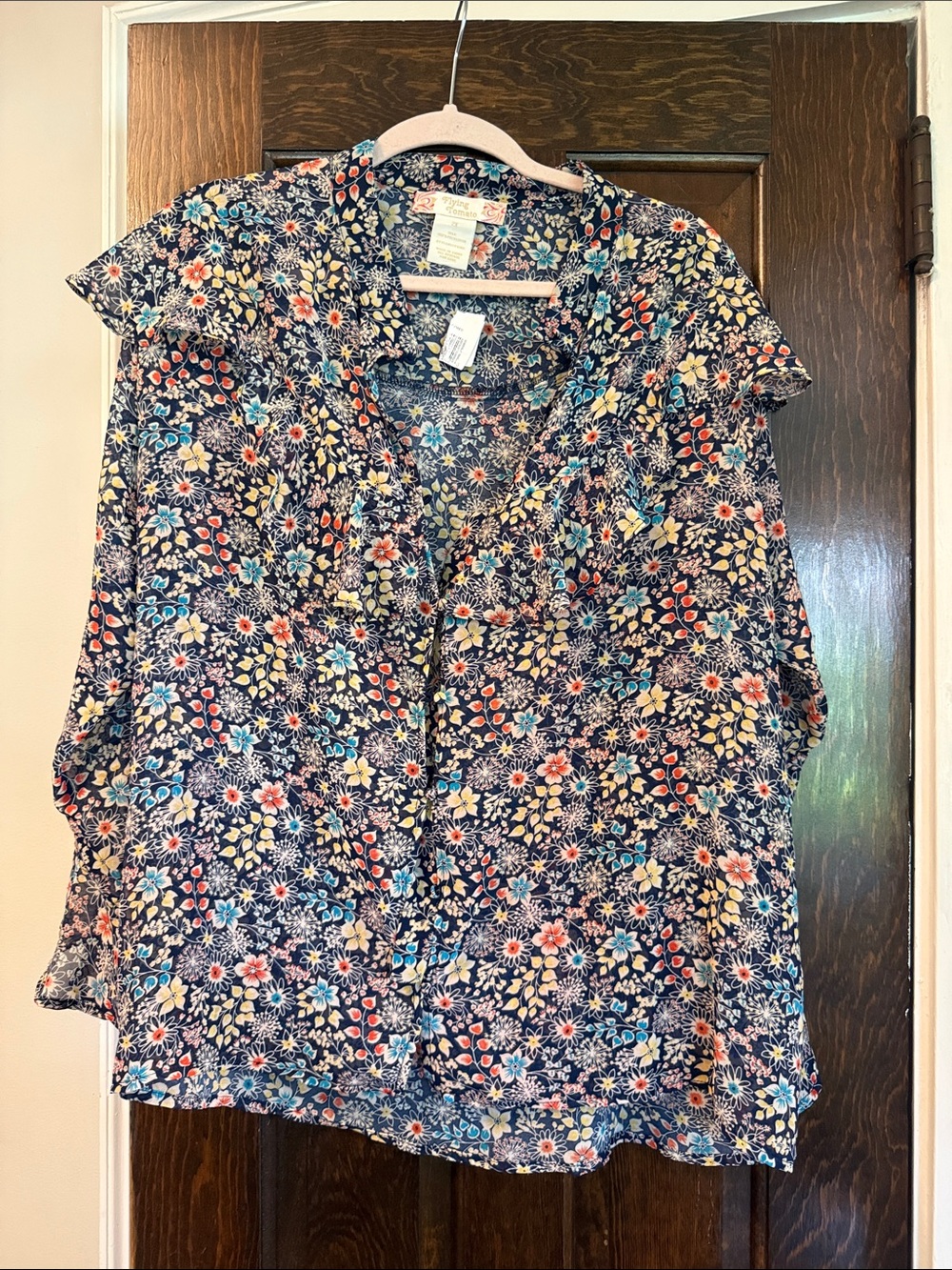 Flying Tomato Navy Floral Button-Front Blouse with Multicolor Blossoms
